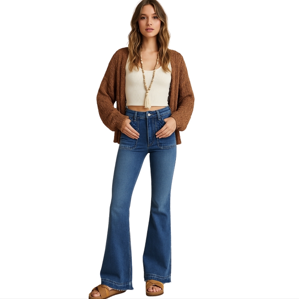 Frame Le High Flare Leg High Rise Blue Medium‎ Wash Jeans 70's Boho, Size 27